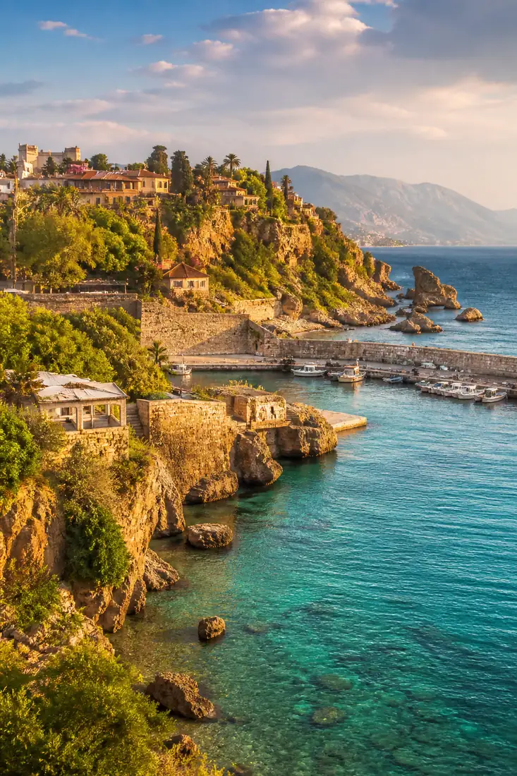 Türkische Riviera bei Antalya mit mediterraner Felsküste, historischem Hafen und türkisfarbenem Meer