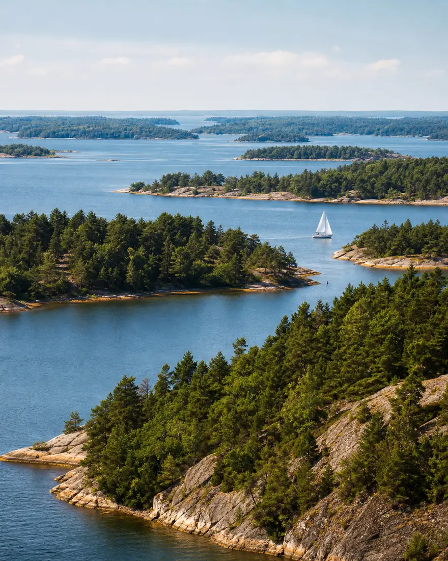 Grüne Inseln und blaue Wasserwege im finnischen Schärenmeer bei Turku
