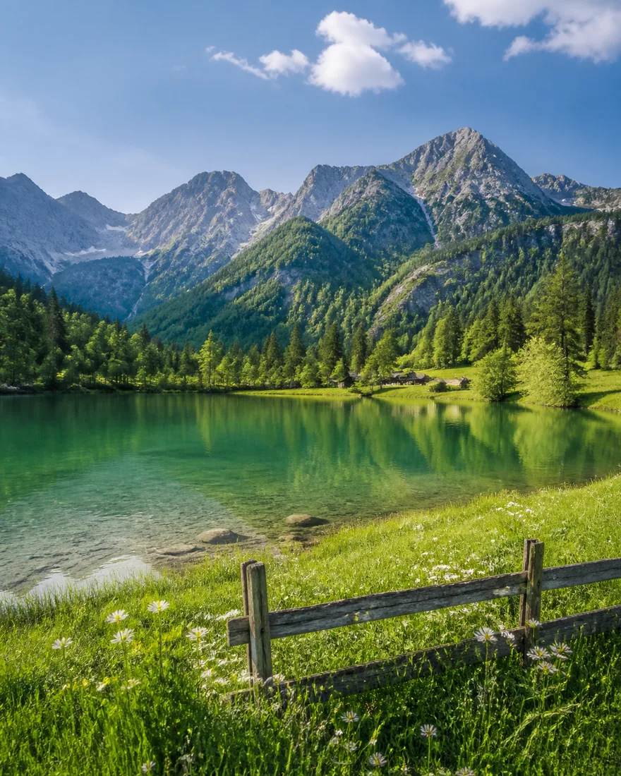 Bayerische Alpen mit klarem Bergsee und traditioneller Architektur