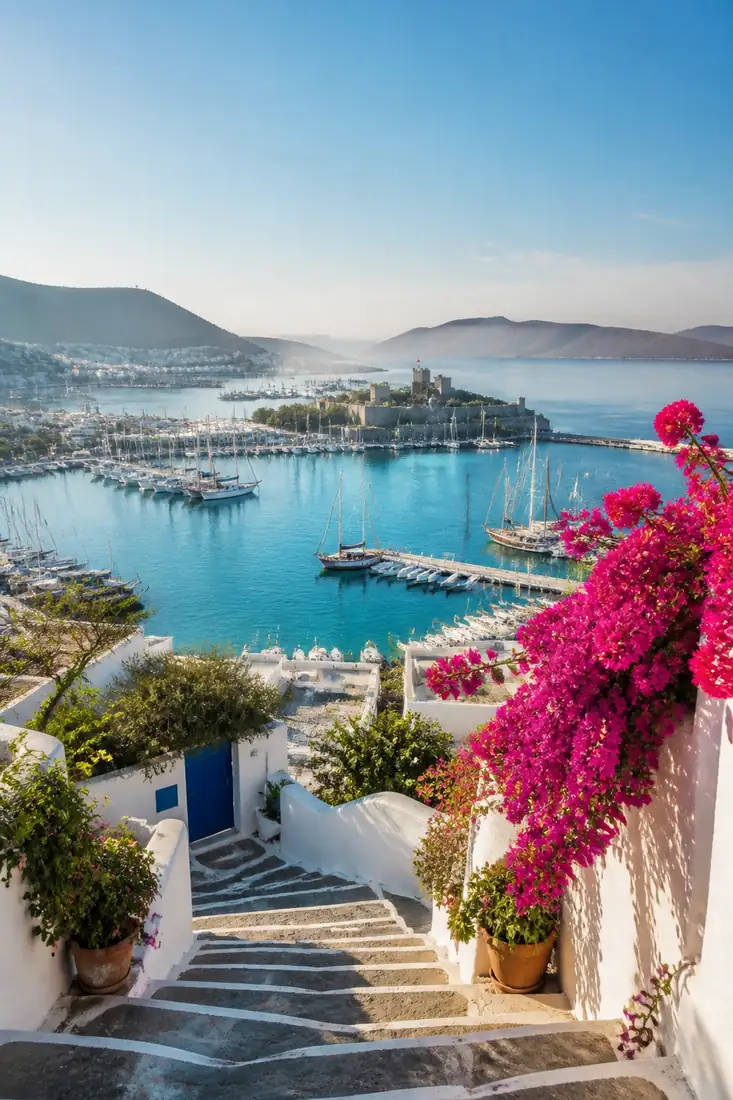 Bodrum an der türkischen Ägäis mit weißer Architektur, Yachthafen, Bougainvillea und blauer Bucht