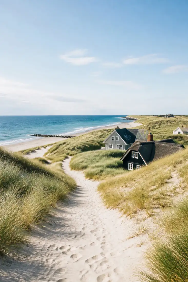 Dänische Küste mit Dünen, Strandgras und traditionellen Ferienhäusern
