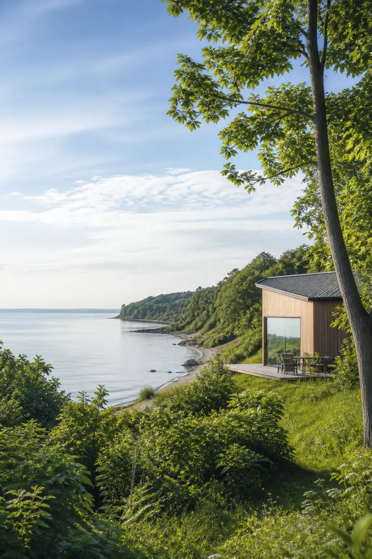 Grüne dänische Ostseeküste mit moderner Holzhütte und ruhiger Bucht