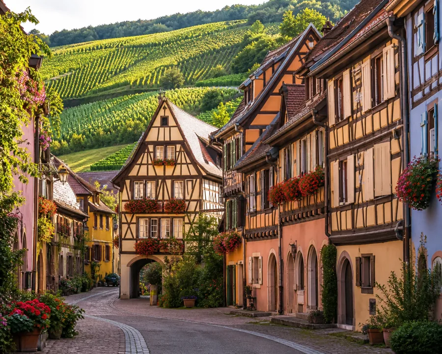 Farbenfrohe Fachwerkhäuser und Weinberge im Elsass