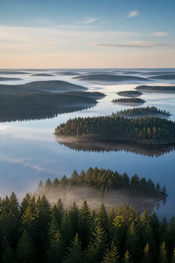 Finnische Seenlandschaft mit bewaldeten Inseln und Morgennebel