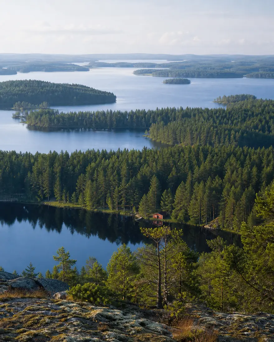 Weite blaue Seen und grüne Wälder in der Finnischen Seenplatte