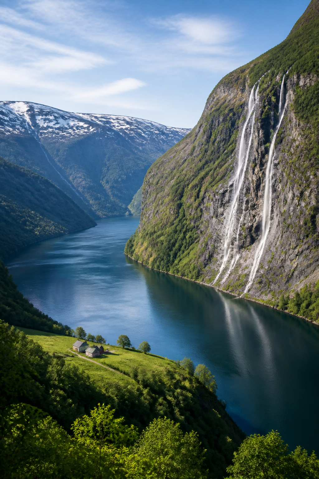 Tiefer norwegischer Fjord mit Wasserfällen und steilen grünen Bergen