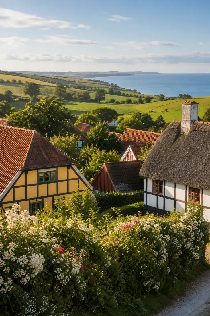 Grüne Landschaft und historische dänische Dorfhäuser an der Küste von Fünen