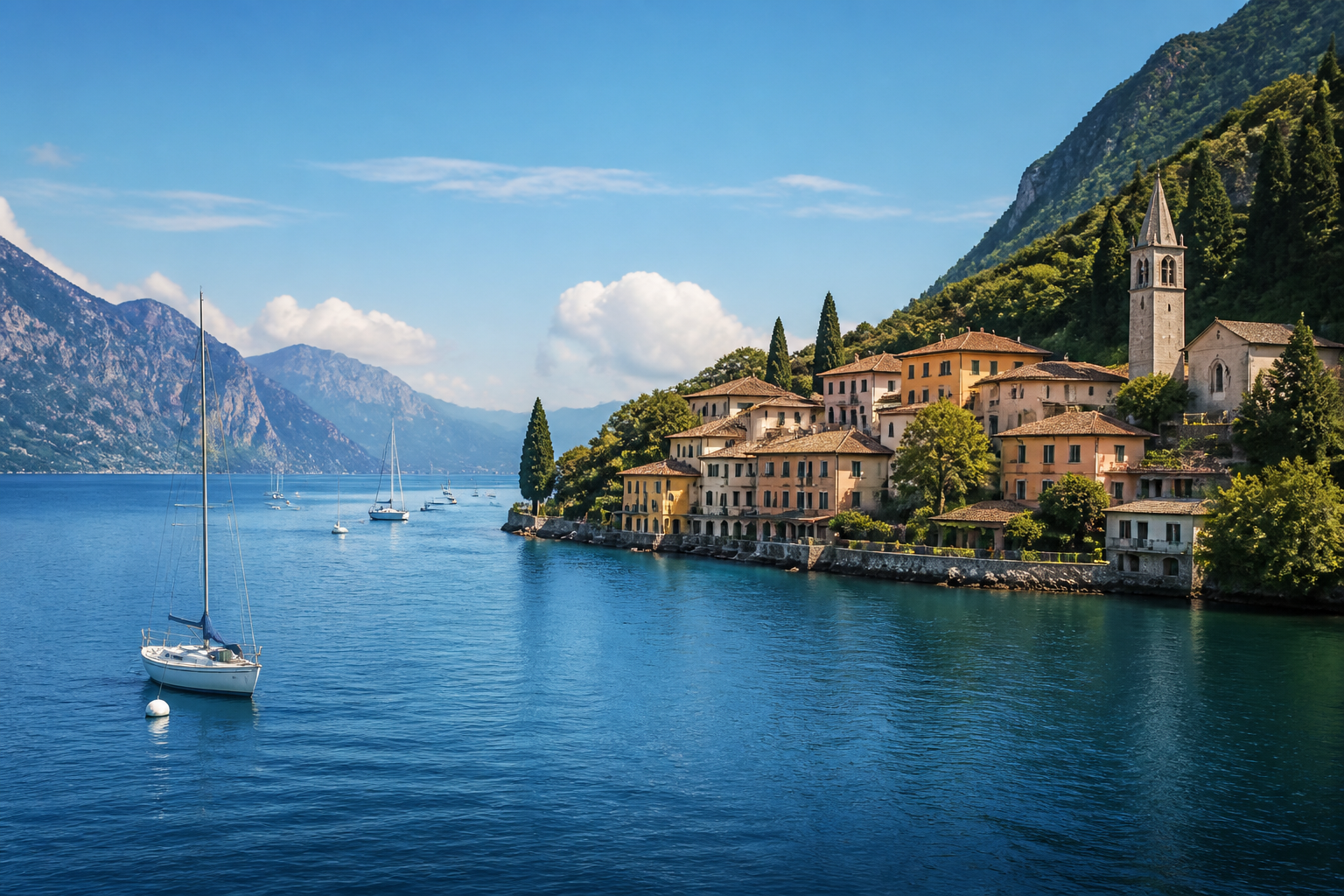 Italienischer Ort am Gardasee vor den Bergen