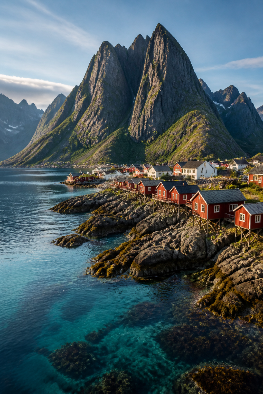 Rote Fischerhäuser vor steilen Bergen und klarem Meer auf den Lofoten