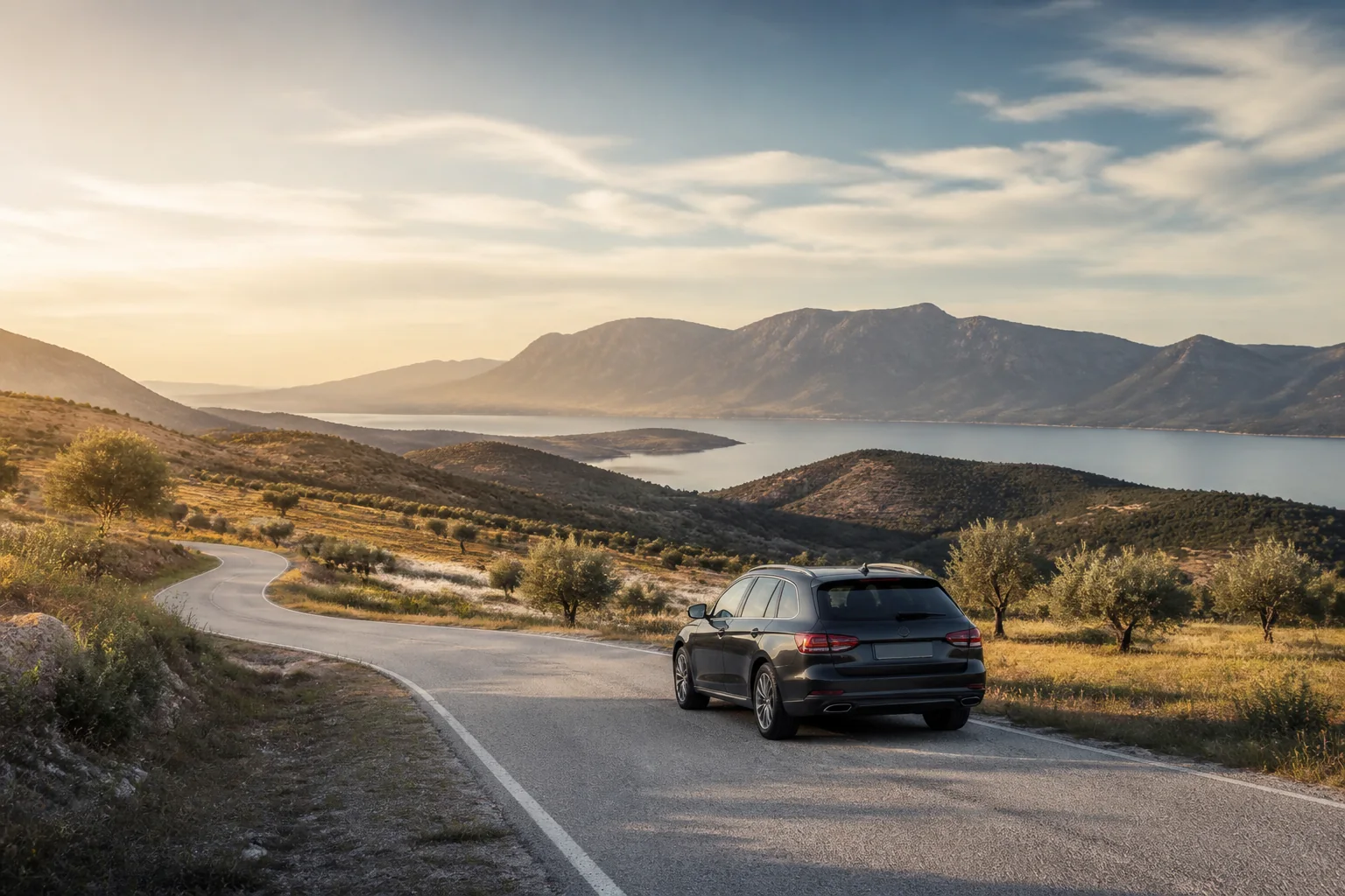 Moderner Reisewagen auf einer landschaftlich reizvollen Straße an einem See