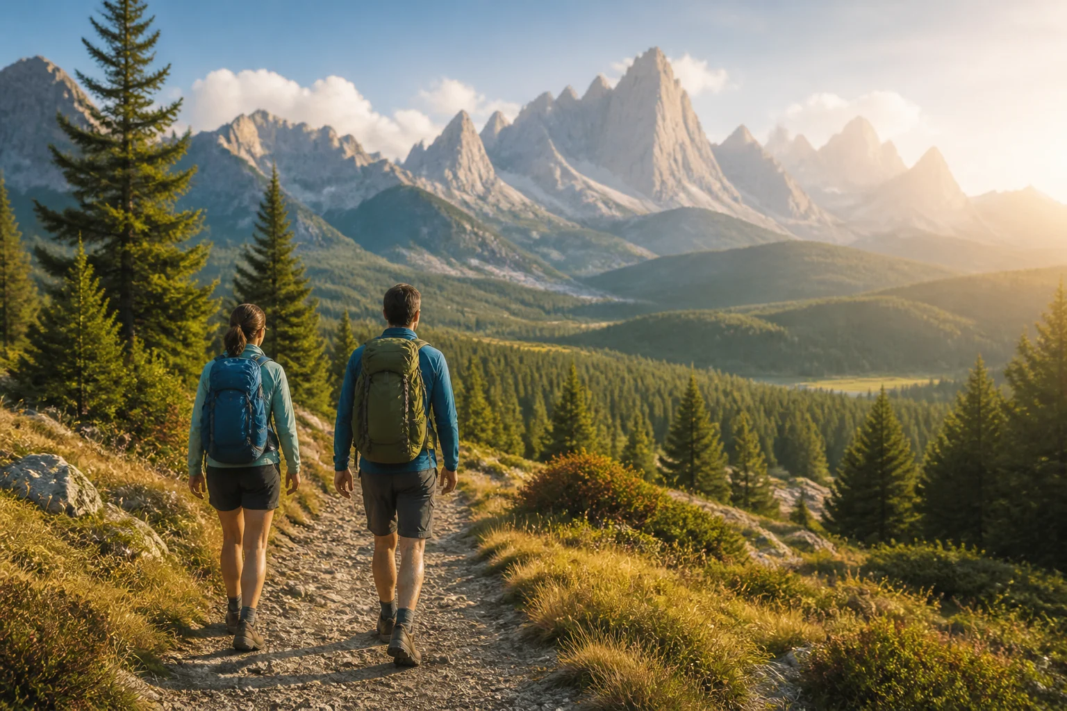 Wanderer auf einem Bergweg in einem europäischen Naturpark