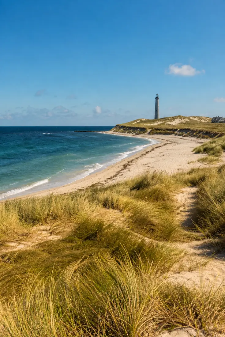 Helle Dünenküste mit Leuchtturm und klarem Meer in Nordjütland