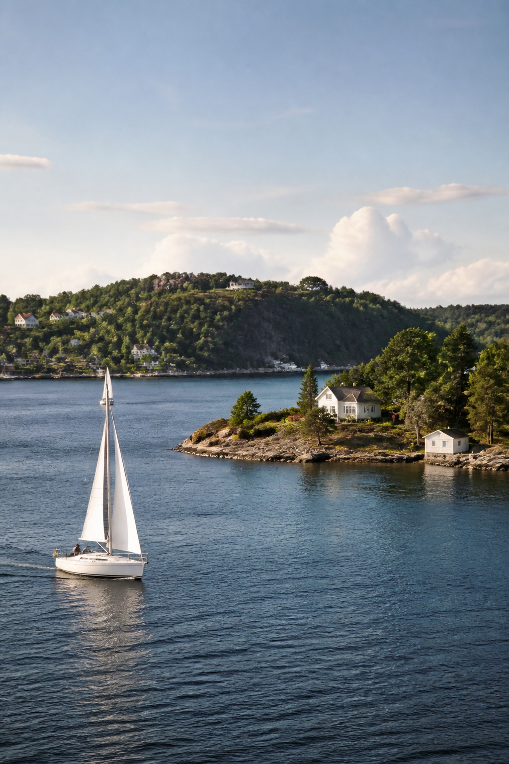 Segelboot auf dem Oslofjord zwischen bewaldeten Inseln und skandinavischen Häusern