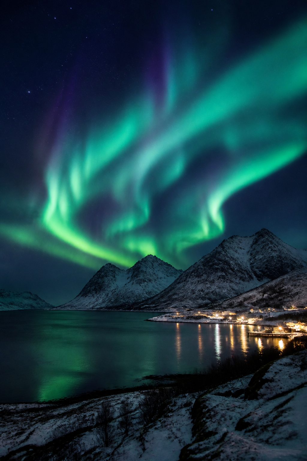 Polarlichter über verschneiten Bergen und einem arktischen Fjord in Nordnorwegen
