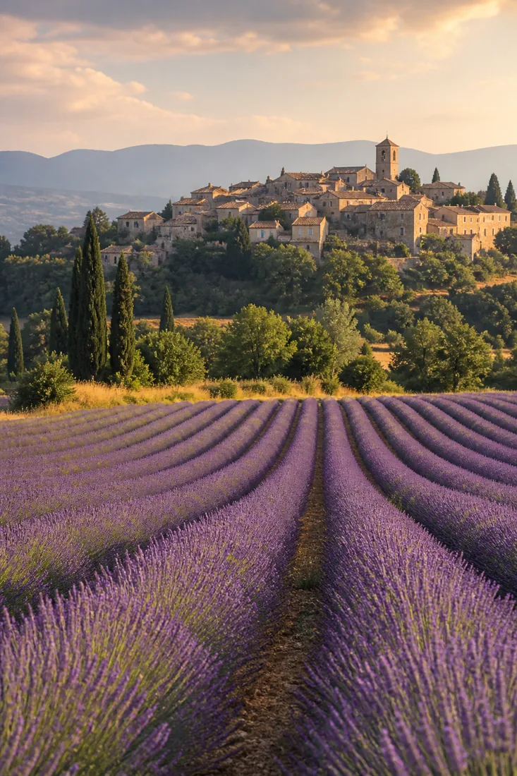 Lavendelfelder vor einem historischen Dorf in der Provence