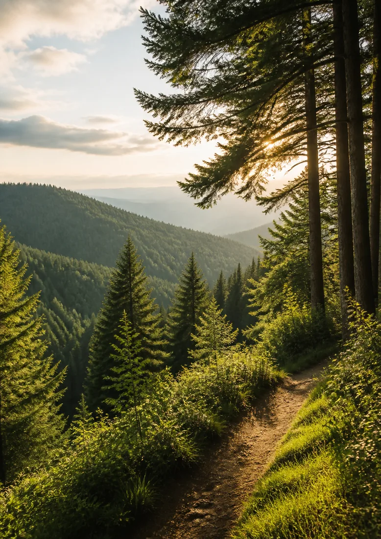 Dichte Schwarzwaldlandschaft mit traditionellem Hof und sanften Hügeln