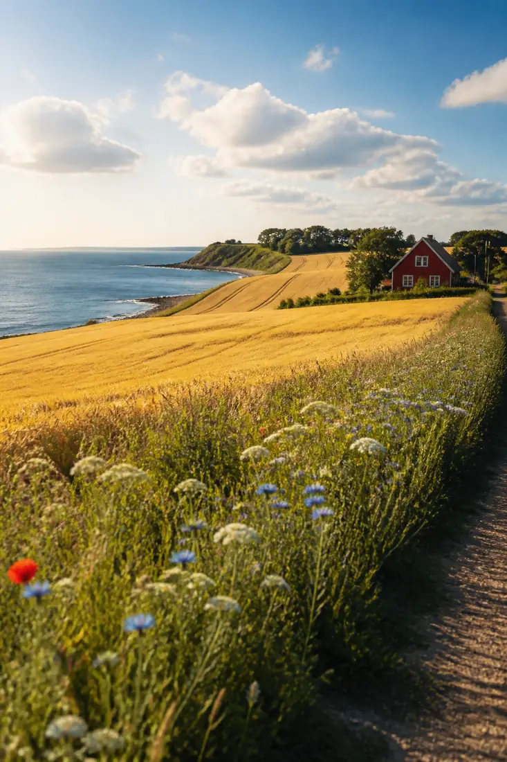 Goldene Felder und Küste bei einem roten Holzhaus in Skåne