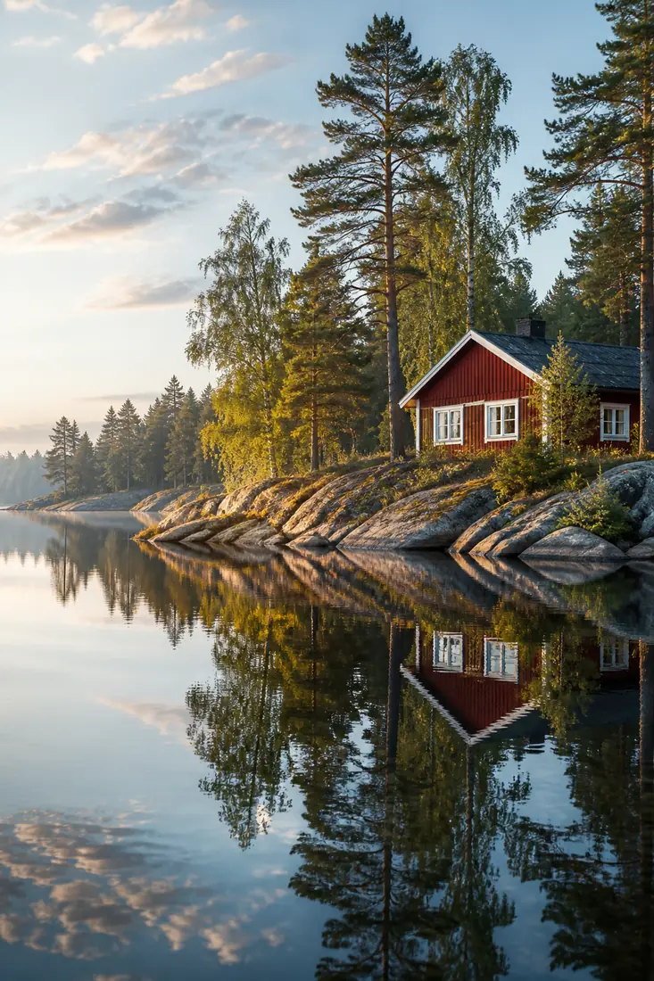 Rotes schwedisches Holzhaus an einem stillen Waldsee in Småland