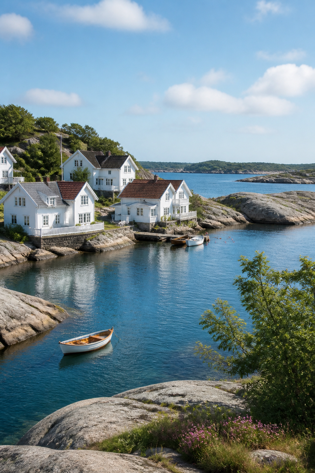 Weiße Holzhäuser und kleine Boote an der felsigen Küste Südnorwegens