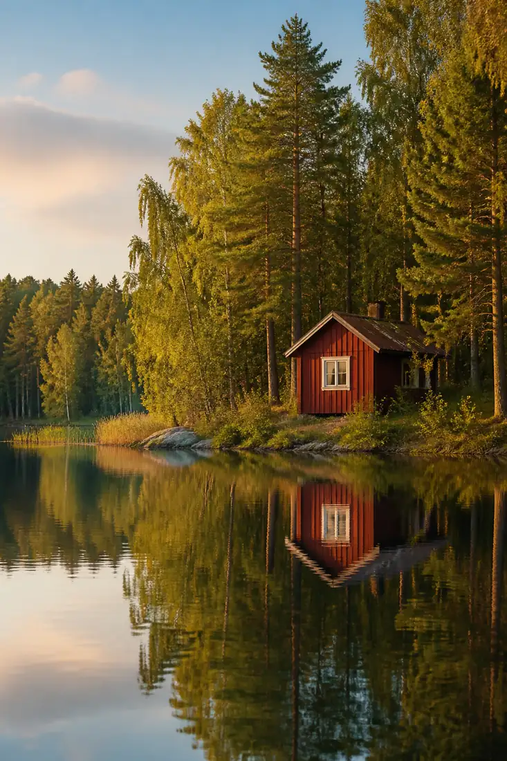 Schwedischer Waldsee mit rotem Holzhaus und ruhiger Spiegelung