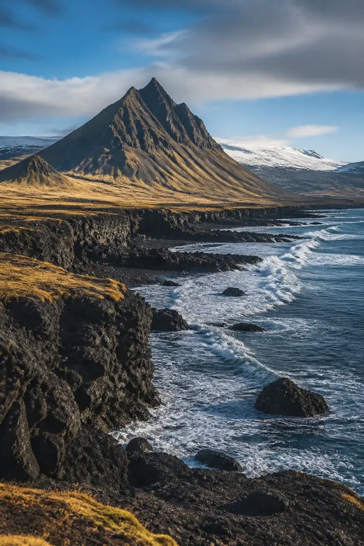 Schroffe schwarze Atlantikküste und markanter Berg im Westen Islands