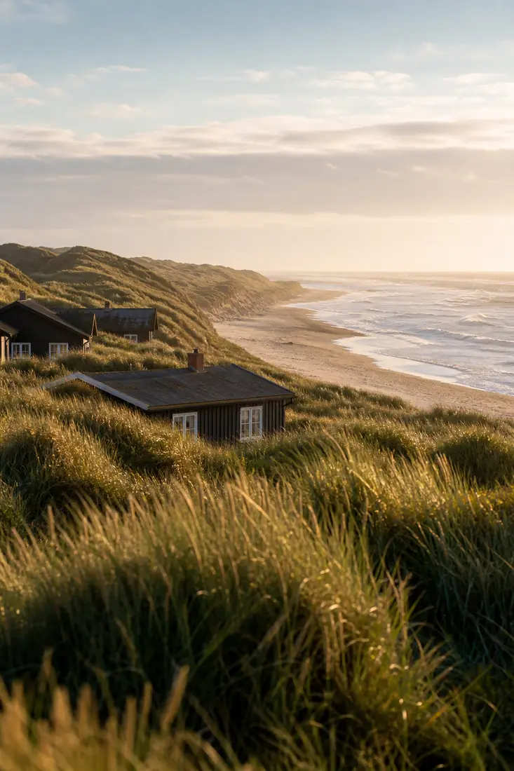 Dänische Ferienhäuser in hohen Dünen an der Nordseeküste Westjütlands