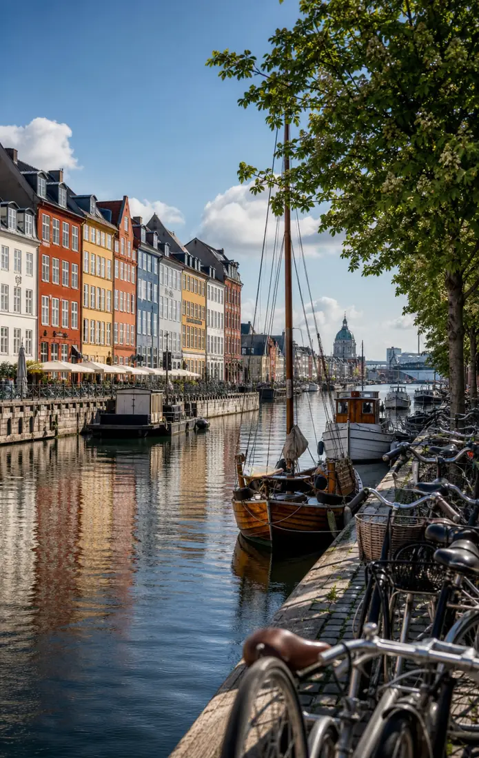 Historischer Hafen in Kopenhagen mit farbigen Häusern, Booten und Fahrrädern